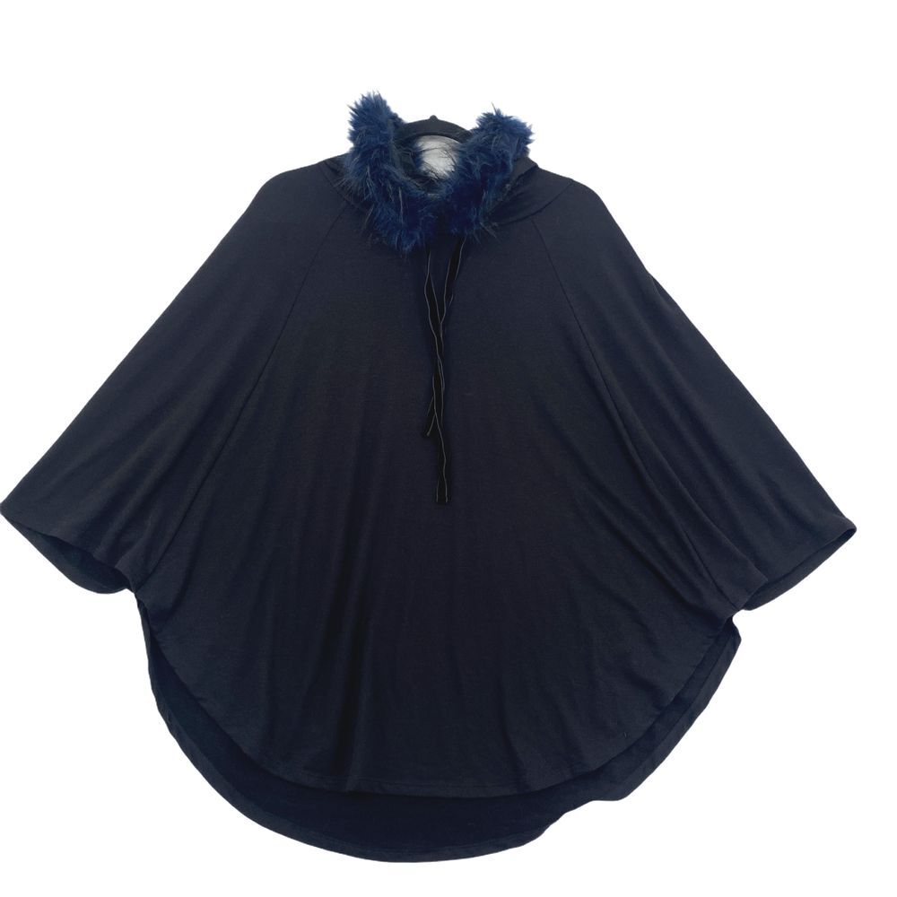 Elie Tahari Poncho Womens Small Black Blue Faux Fur Coyote Hooded Shawl Chic